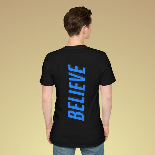 Believe Neon Blau Backprint Baumwoll T-Shirt Softstyle