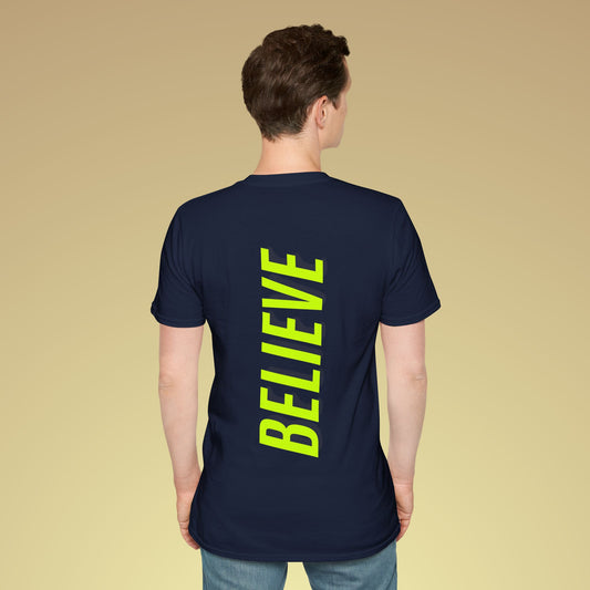 Believe Neon Gelb Backprint Baumwoll T-Shirt Softstyle