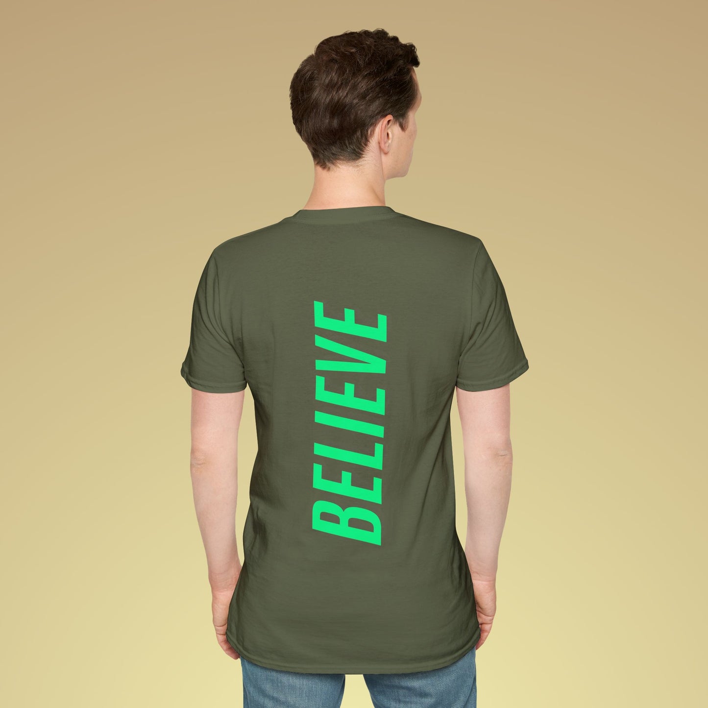 Believe Neon Grün Backprint Baumwoll T-Shirt Softstyle