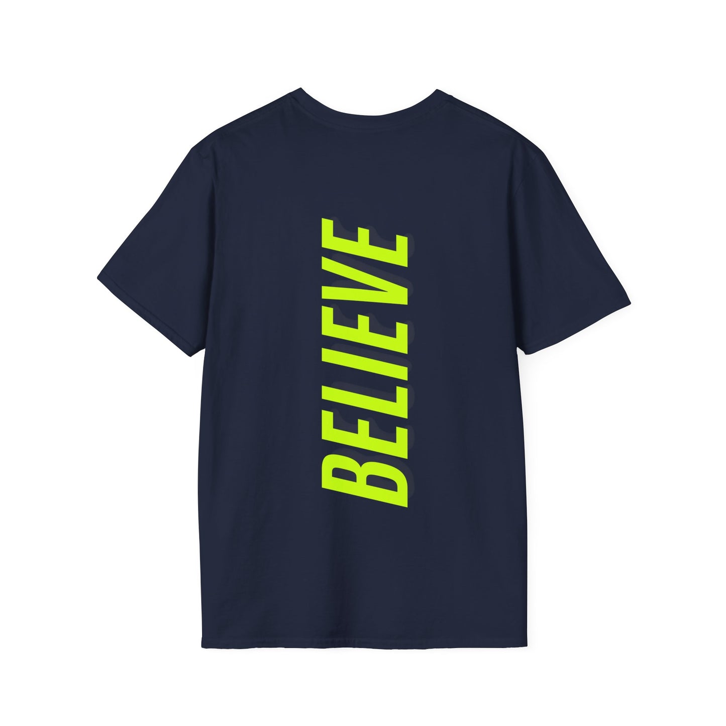 Believe Neon Gelb Backprint Baumwoll T-Shirt Softstyle