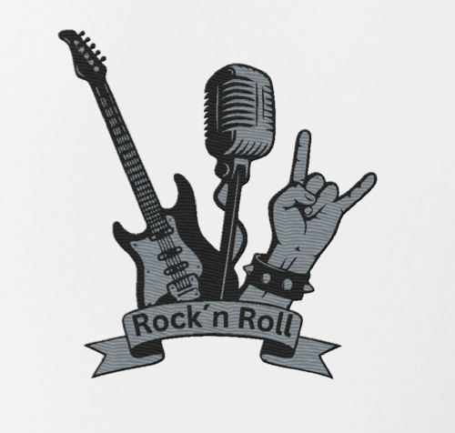 Premium Bio-Baumwoll T-Shirt – bestickt mit Rock'n'Roll Motiv (Bass, Mikrofon & Handzeichen)