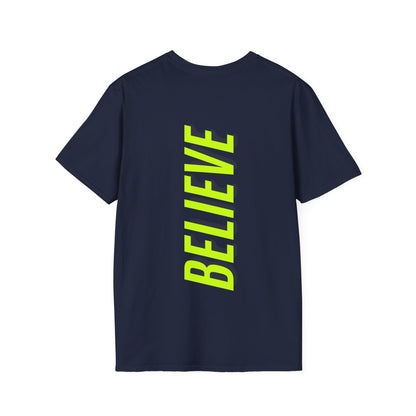 Believe Neon Gelb Backprint Baumwoll T-Shirt Softstyle